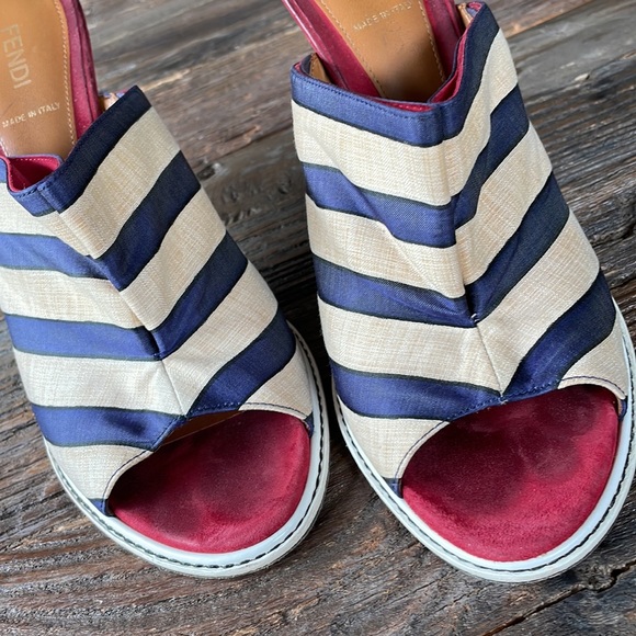 Fendi striped canvas and red suede heeled sandal Size 40 w/COA - Picture 3 of 11